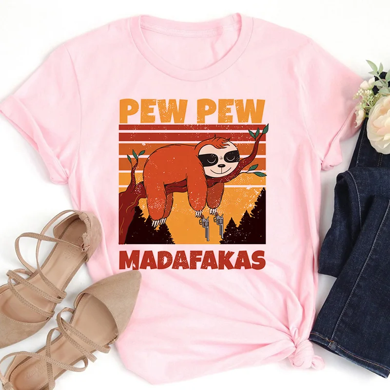 Женская футболка с принтом Pew Madafakas милая Ретро надписью Ленивец и пистолетом