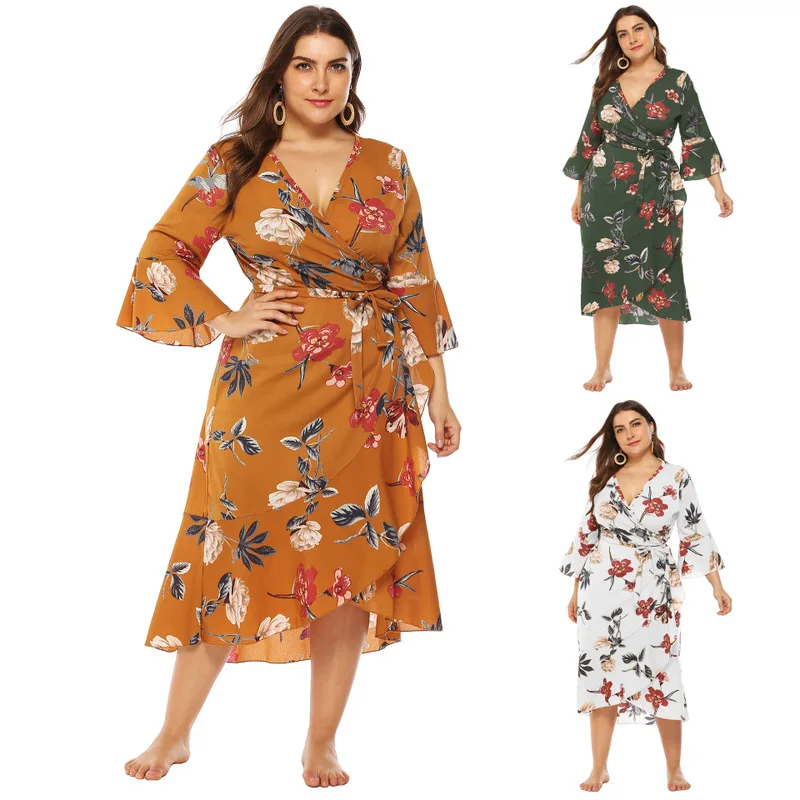 

Summer Beach Dress 2020 Dresses Tunic Pareo Swimwear May Female Big Yards Flower Printed Stitching Falbala Irregular Loose