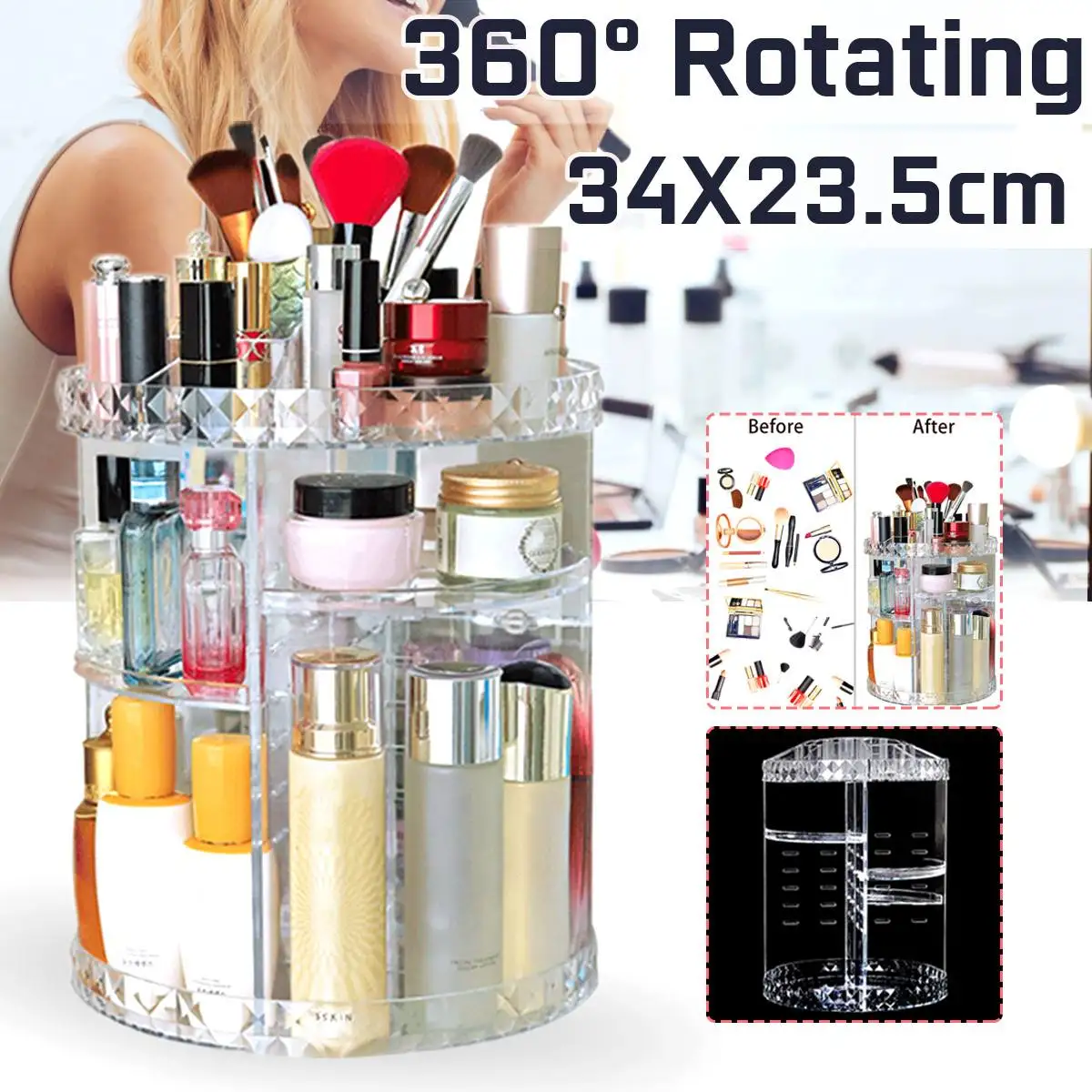 

6 Layers Adjustable Clear Makeup Cosmetic Rack Holder 360 Degree Rotating Makeup Storage Box Shelf Jewelry Organizer Case