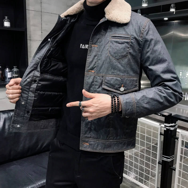 

Winter Men's Casual Denim Jacket Plus Velvet Warm Cotton Coat Fashion Coat Jeans Solid Color Lapel Top