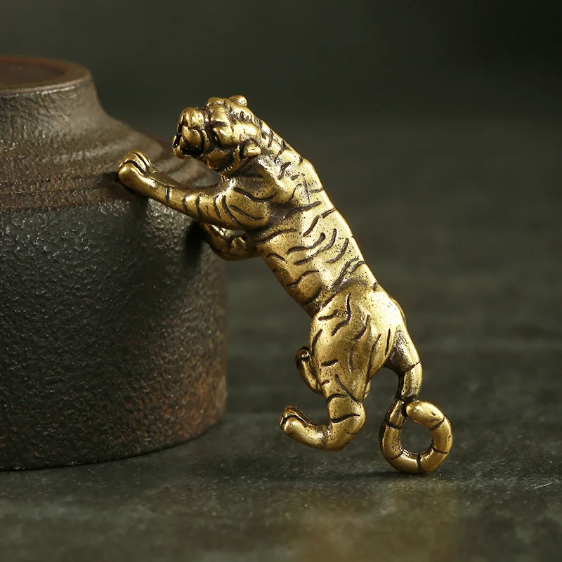 Pure Copper Solid Vintage Tiger Miniature Figurines Table Decoration Accessories Brass King Of Beasts Zodiac Animal Small Statue