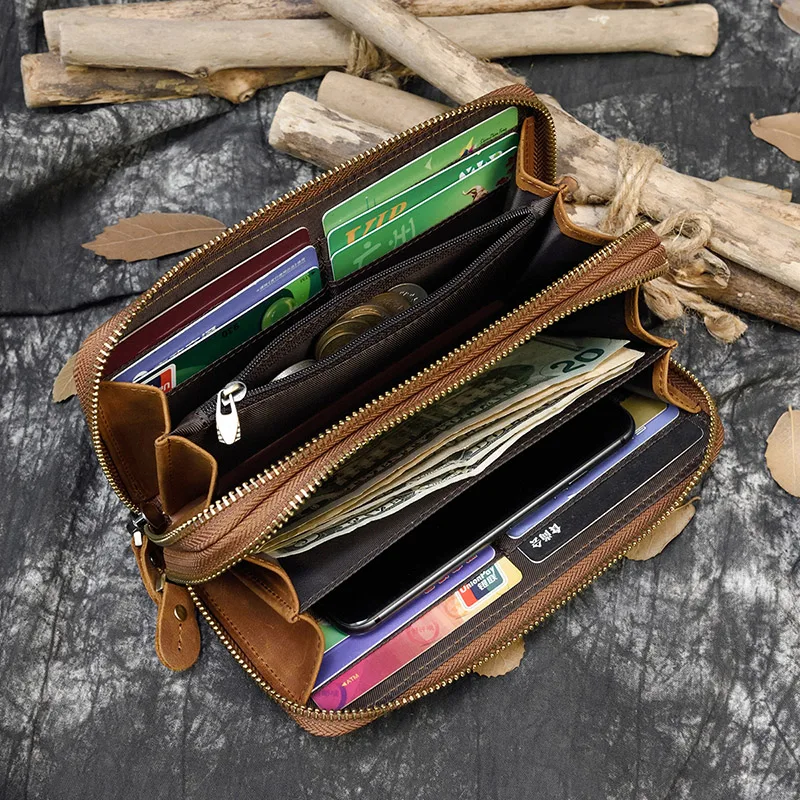 Men Card Holder Zip Around Cowhide Chain Clutch Purse Double Phone Coin Pocket Vintage Crazy Horse Genuine Leather Long Wallet 26 H75bbed17a4894de1bacb1048d68f10deu