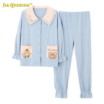 

New Soft Spring Autumn Front Pocket Cartoon Printing Long Sleeve Long Pants Turn Down Collar Fashion Style Casual Style Pj Set
