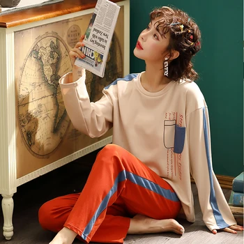 

New Women 2PCS Sleepwear Cotton 2 PCS Shirt&Pant Long Sleeve Pajamas Set O-Neck Pajamas Suit Female Casual Home Clothes M-XXL