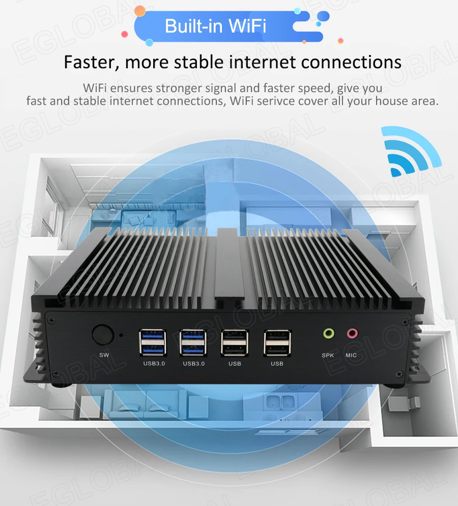 Elevate Your Workspace with Eglobal Industrial Mini PC - Intel Core i3/i5, 2 RJ45 LAN, 2 HDMI, Linux Desktop Computer, 6 RS232 COMs, 8 USB, Windows Ready Description Image.