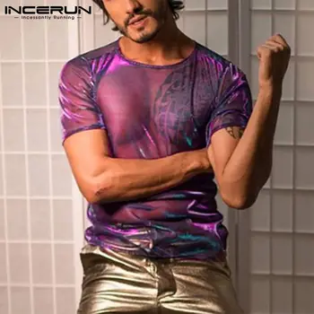 INCERUN 2024 Men T Shirt Mesh See Through Shiny O Neck Short Sleeve Sexy Tee Tops Streetwear Solid Party Nightclub Men Clothing 1