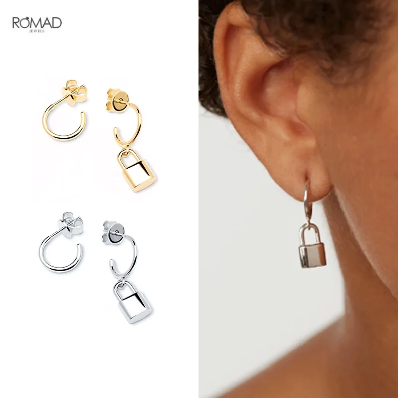 

ROMAD Asymmetric Lock/Circle Stud Earrings for Women Geometric Glossy Pierced Earings Silver 925 Jewelry Party Gift kolczyki