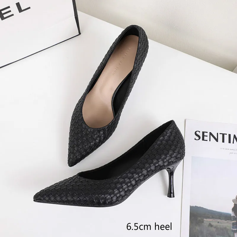 Classic Woman Pumps Small Thin Med Heels 3.5/6.5CM Point Toe Weave Pleated Career Work Elegant Leather High Heel Shoes for Women