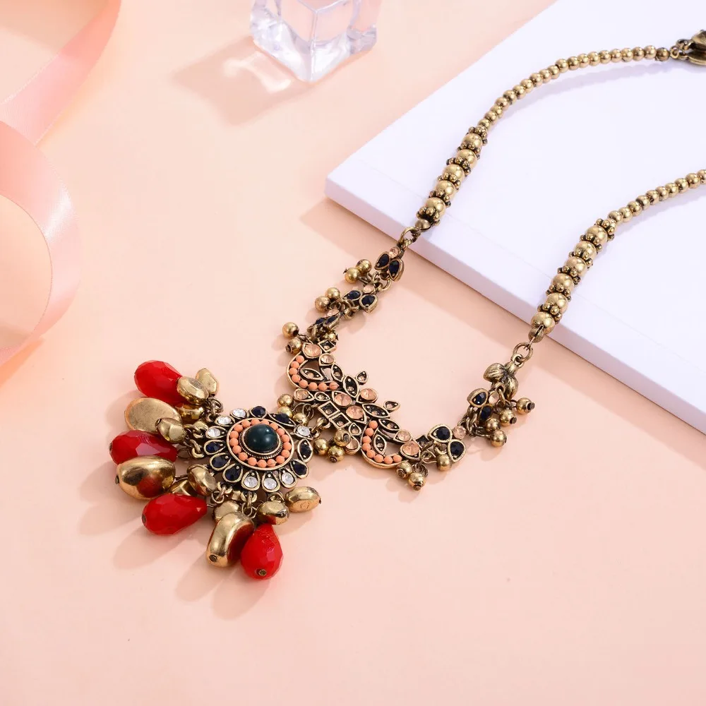 Shineland Bohemian Fashion Ethnic Collares Vintage Beads Crystal Tassel Pendant Necklace Earrings For Women Jewelry Set Cheap