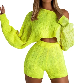 

Women's Casual Knit Set Long Sleeve Round Neck Pullover Solid Color Exposed Navel High Waist Shorts Two-Piece Outfit