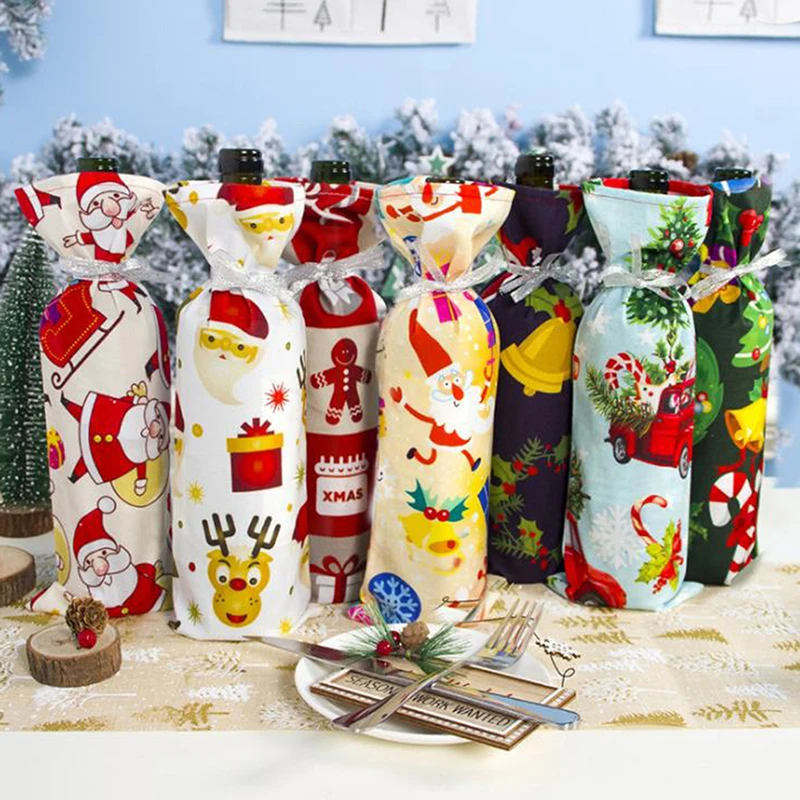 1pc Christmas wine bottle Cover Bag With Ribbon String Holiday Dining Table Party Decor 7 color
