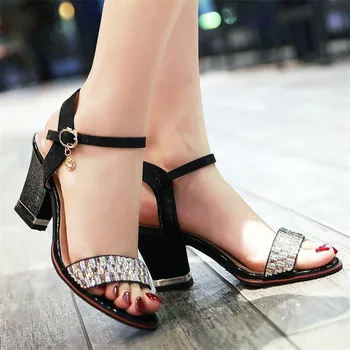 

Open Toe Woman Summer Shoes Purple Winered Buckle Strap Block High Heels Women Sandals Sequins Crystal Glitter Ladies Sandals