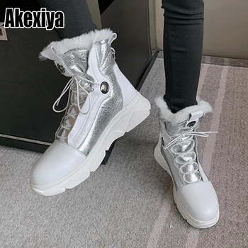 

Snow Boots Women Shoes Genuine Leather Platform Thick High Heel Ankle Boots Lace Up Fur Lining Warm Short Boots Winter 40 p560