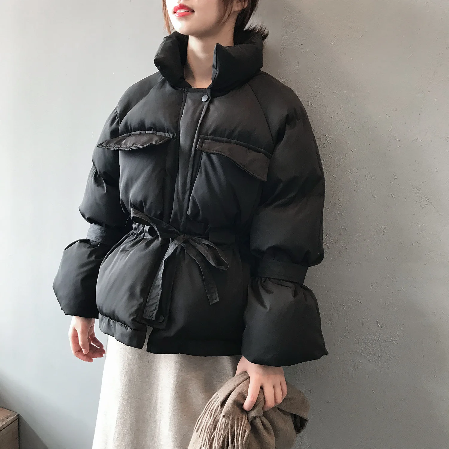 Новинка, зимние парки, плотное пальто, с завязками на талии, дутая куртка, хлопковая стеганая одежда, Женская Корейская одежда