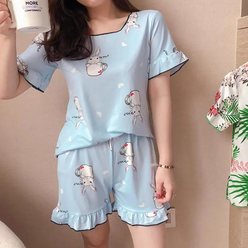 

MISSKY Summer Autumn Pajamas Women Ladies Short Sleeved Round Collar Pajama Set tshirt + Shorts Homewear Female Clothes