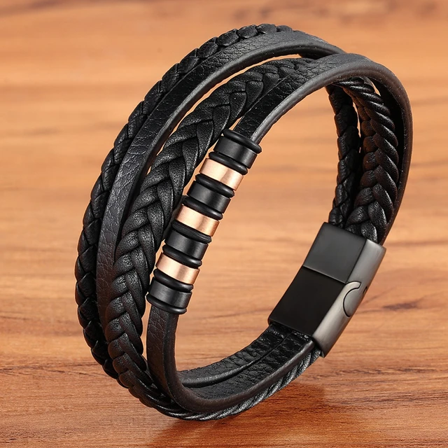 Mens Double-Row Red Braided Leather Bracelet Bangle Wristband with Black  Stainless Steel Ornaments – COOLSTEELANDBEYOND Jewelry