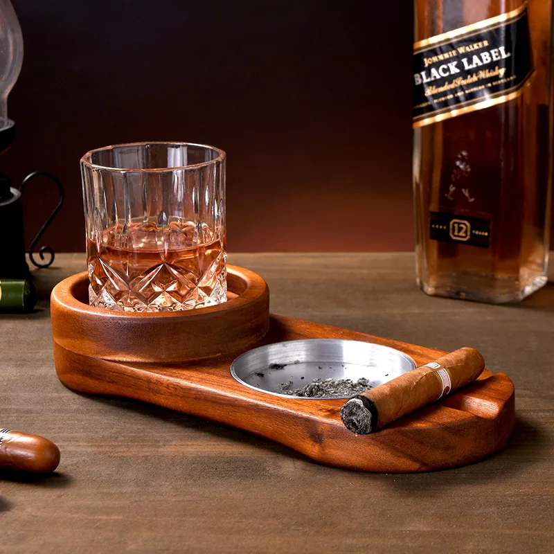 Creative 2-In-1 Whiskey Wine Glass Holder Ashtray Desk Wood Cup Rack Cigar Holder Bar Home Kitchen Office Decoration wine glass holder rack
