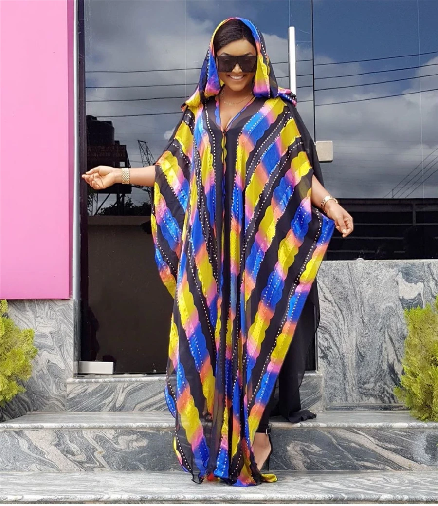 GuyuEra African Dresses For Women's Colorful Striped Shawl With Hat Fashion Long Loose Cloak Robes