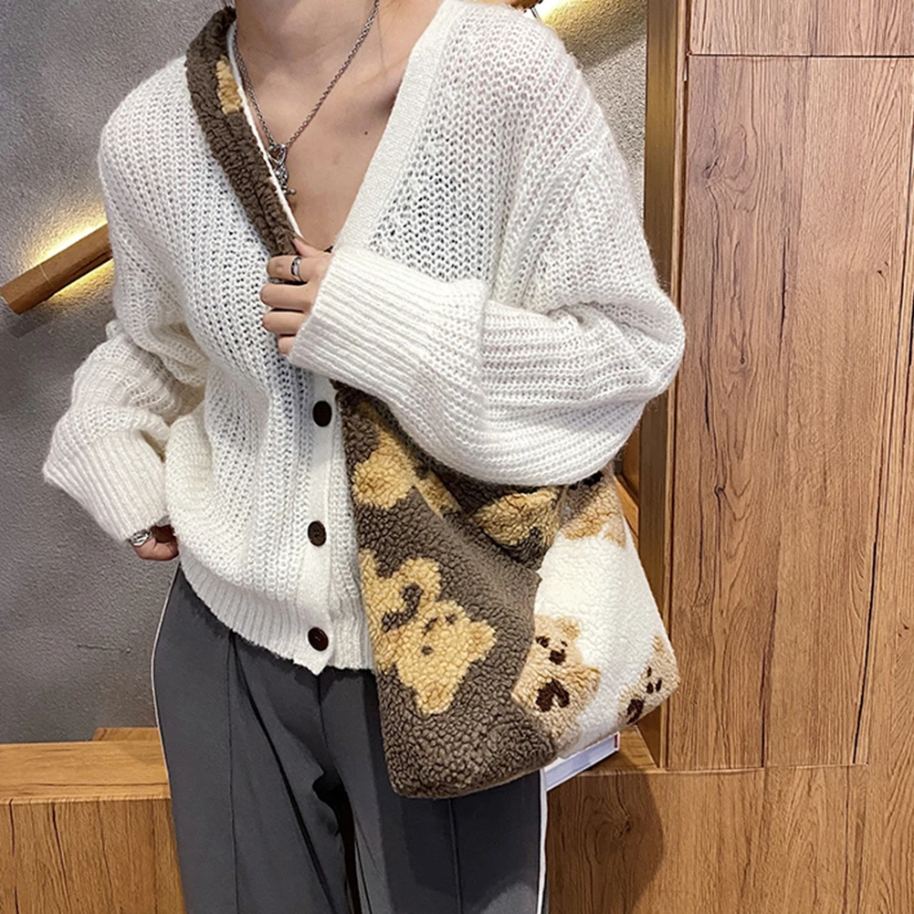 H75bce0bba727499a829b9f7645f6ecd0H Women Fashion Bear Print Hit Color Shoulder Bag Female Casual Autumn Winter Plush Small Crossbody Bags Female Fluffy Tote Bags