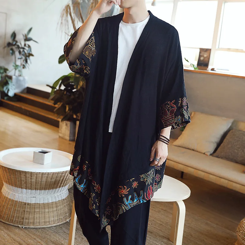 

2019 New Style Spring Clothing Chinese-style Large Size Trench Coat Gown Mid-length Loose Thin Men Flax Cardigan Coat