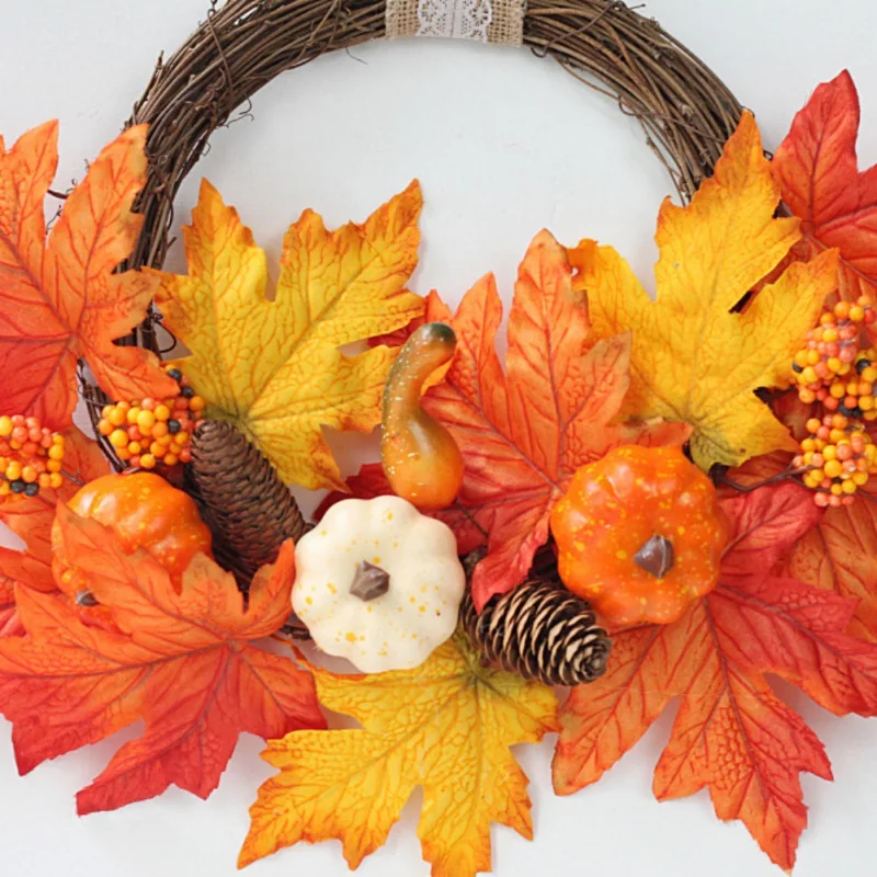 Fall Maple Leaves Pumpkin Wreath Artificial Garland For Front Door Holiday Halloween Fall Harvest Decor