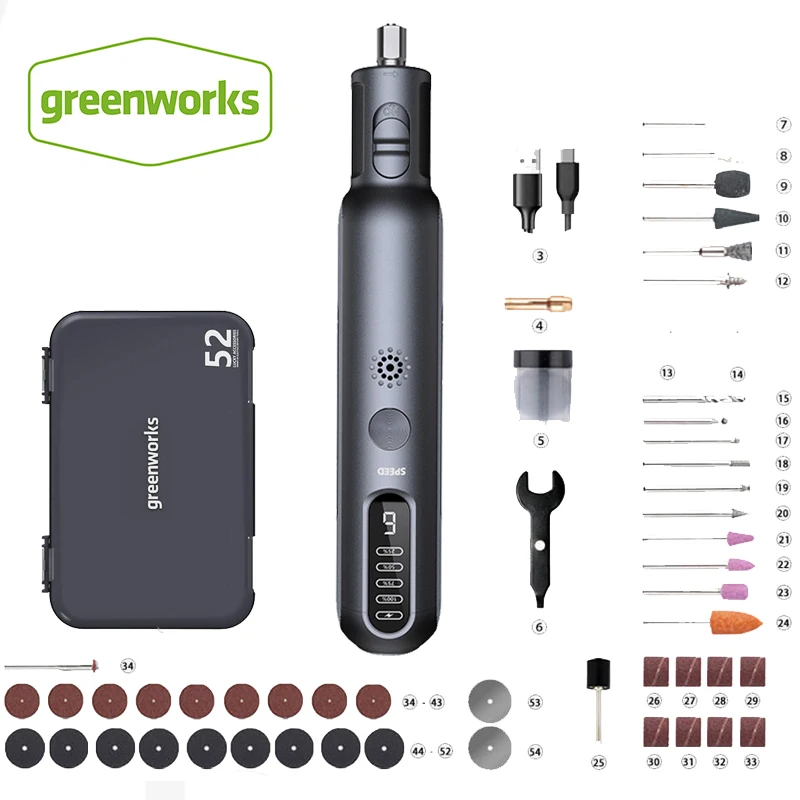 Greenworks 미니 그라인더 8V 52 피스 80W, 조각 그라인딩 무선 가변 속도 전동 공구 USB 충전기|글라인더 ...