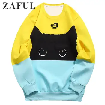 

ZAFUL Color Block Black Cat Print Sweatshirt Digital 3D Cat Sweatshirts Animal Bright Color Mens Tops Long Sleeves Autumn 2019