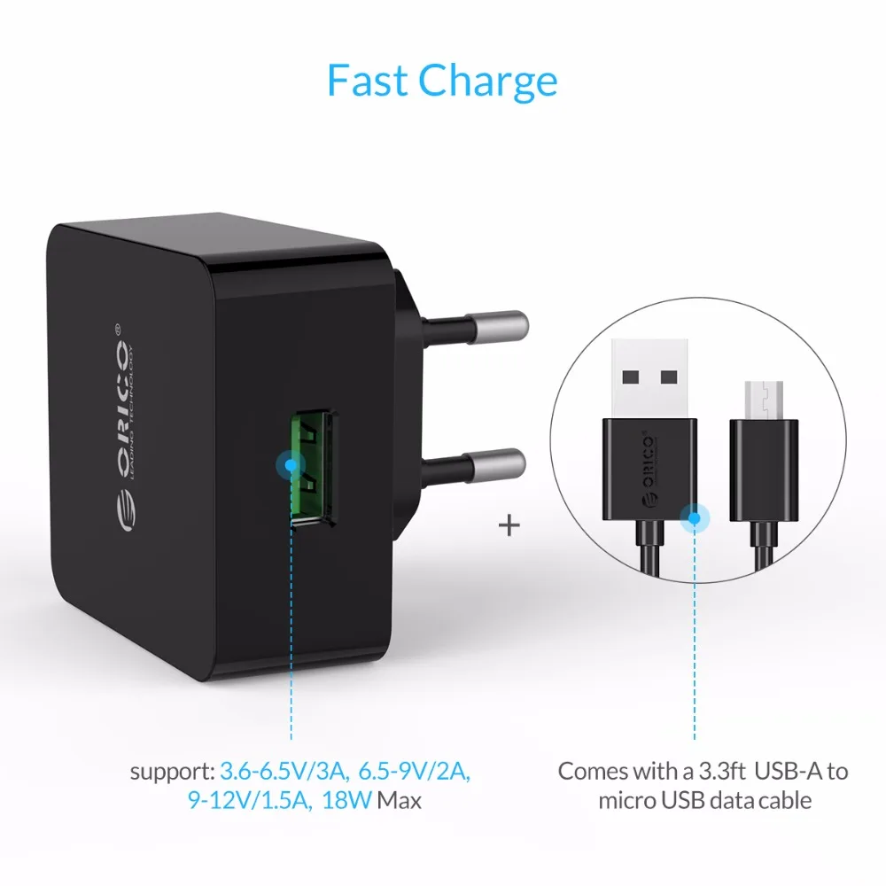 ORICO зарядное устройство для телефона Quick Charge 3,0 18 Вт Быстрое USB зарядное устройство для iPhone samsung Xiaomi huawei с бесплатным Micro USB кабелем