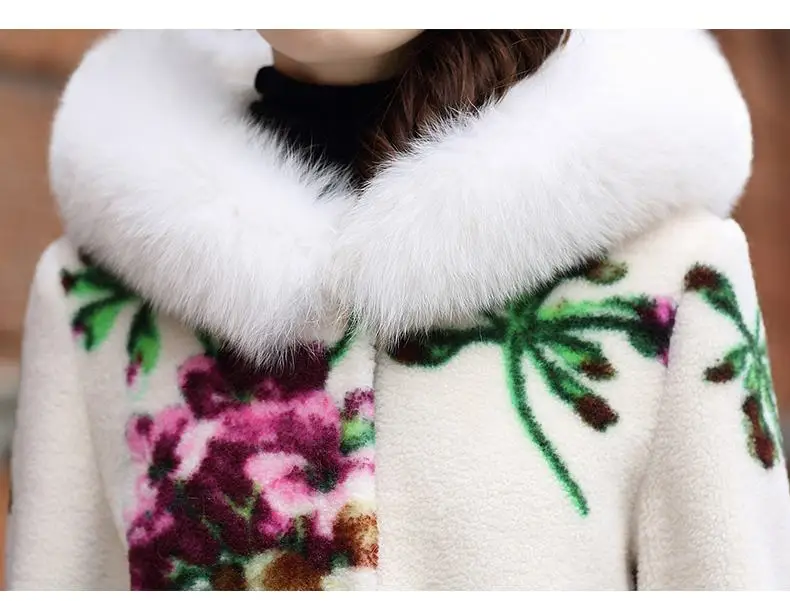 Women Autumn Winter Real Sheep Wool Fur Coats Natural Fox Fur Jacket Female Hooded Print Sheep Shearing Long Overcoats E145