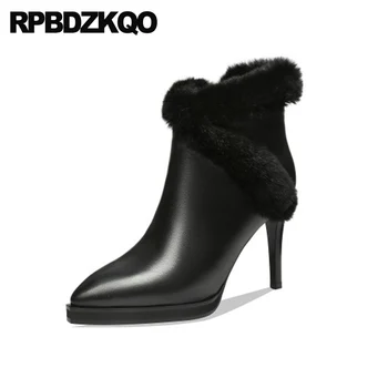 

women flower printed fluffy shoes booties stiletto side zip boots pointed toe plush faux fur handmade floral print high heel new