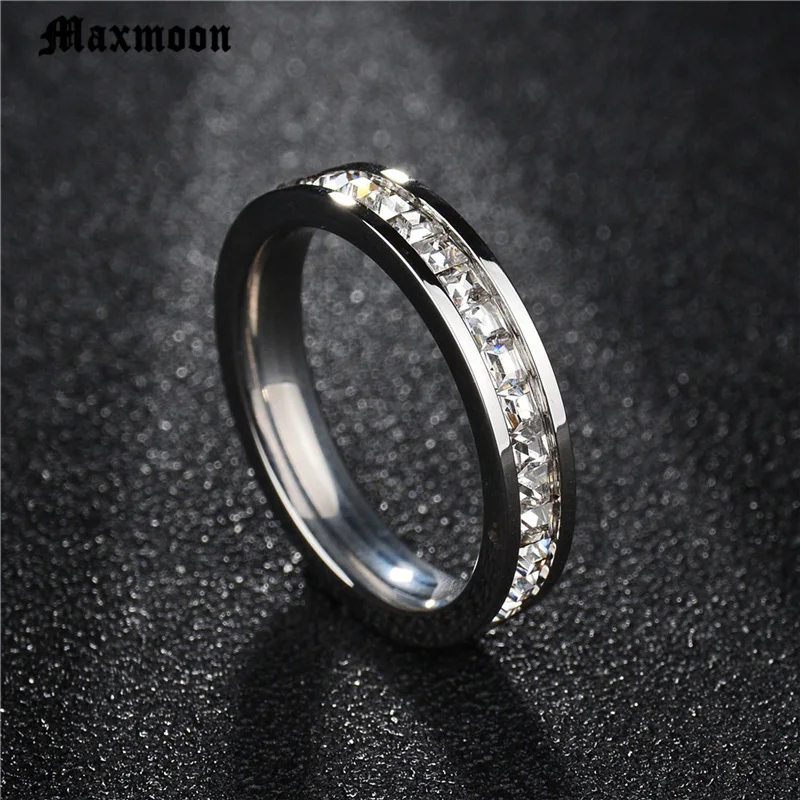 Maxmoon титановые кольца из нержавеющей стали для женщин серебряного цвета циркония свадебные кольца маленькое CZ обрамление ювелирные изделия оптом