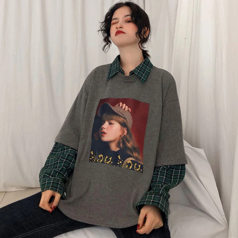 Женские толстовки в Корейском стиле Ulzzang Harajuku модная женская толстовка пэчворк