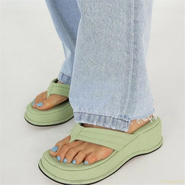 Chunky Heel Summer Beach Platform Women Flip Flops Slides Faux