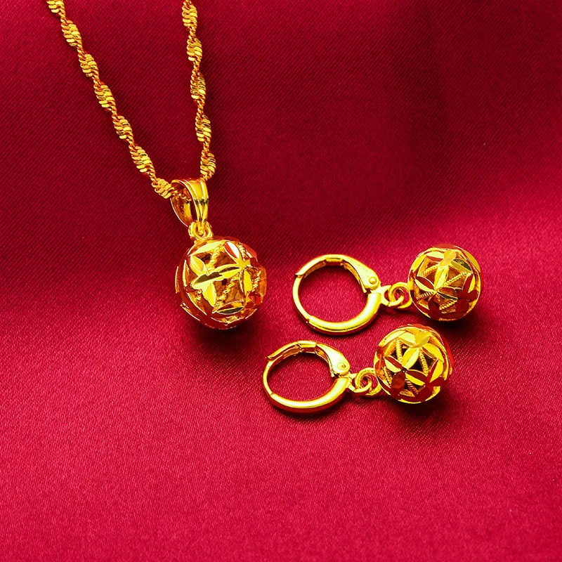 24K Yellow GP Jewelry Sets for Women Round Ball Bead Pendant Necklace Earrings 2 pcs