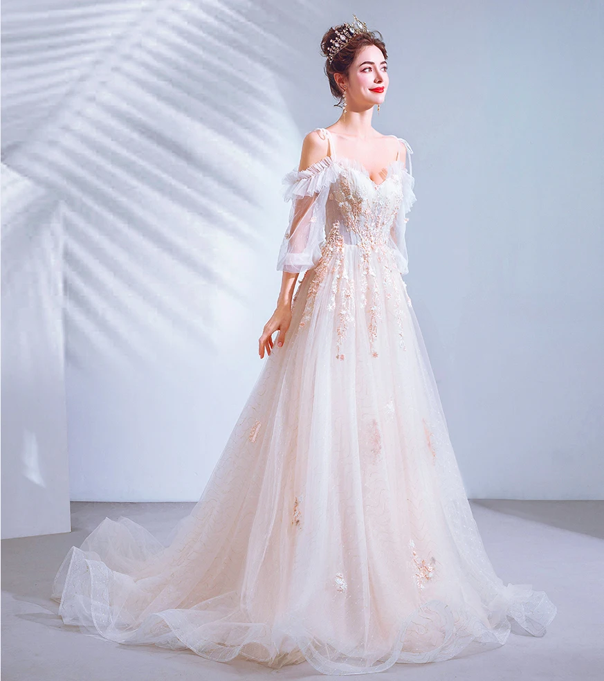 SSYFashion/Новое романтическое вечернее платье с цветочным узором, платье принцессы для невесты с рукавом 3/4, милое длинное кружевное платье с коротким шлейфом