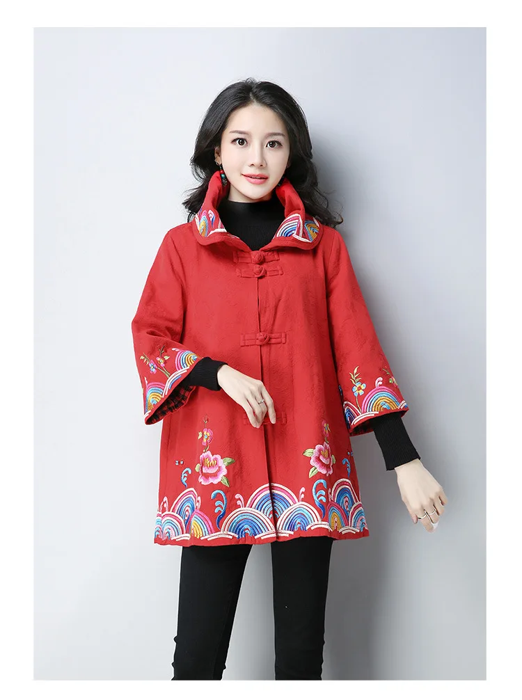 National Wind Cotton Linen Jacquard Embroidery Trench Coat
