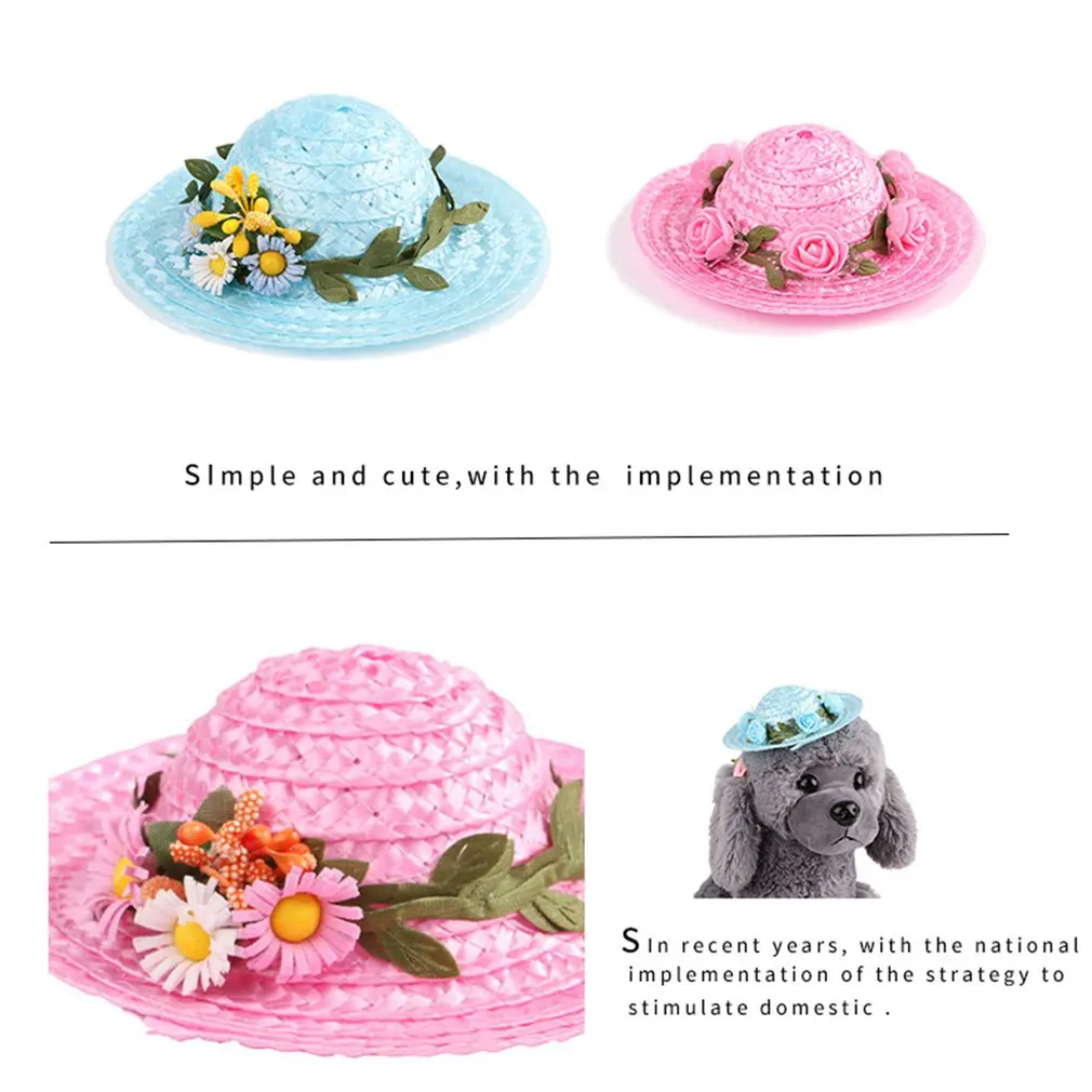 Соломенная шляпа для животных Sombrero Hawaii, ручная работа, тканая соломенная шляпа для животных с регулируемой шнуровкой для собак, CatBlue Rose S