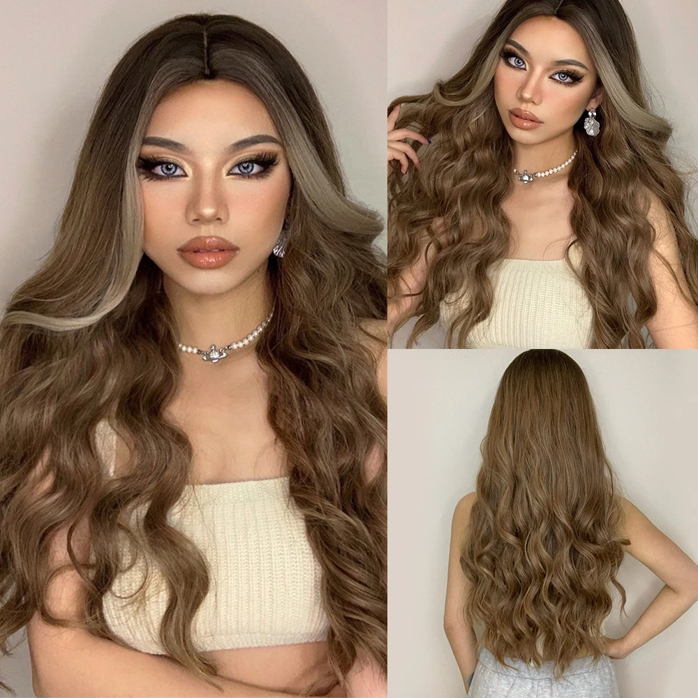 HENRY MARGU Dark Brown Wave Wigs Long Synthetic Wavy Natural Hair Temperature Wigs For Black/White Women Daily Cosplay Wigs