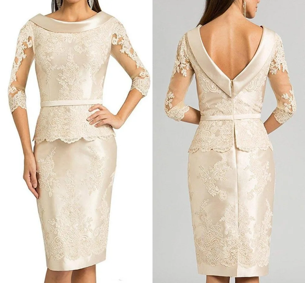 2018 Backless 3/4 Lange Mouwen Schede Vintage Bruiloft Gast Formele Avondjurk Champagne Kant Korte Moeder Van De Bruid Jurken 2018 Backless 3/4 Lange Mouwen Schede Vintage Bruiloft Gast Formele Avondjurk Champagne Kant Korte Moeder Van De Bruid Jurken