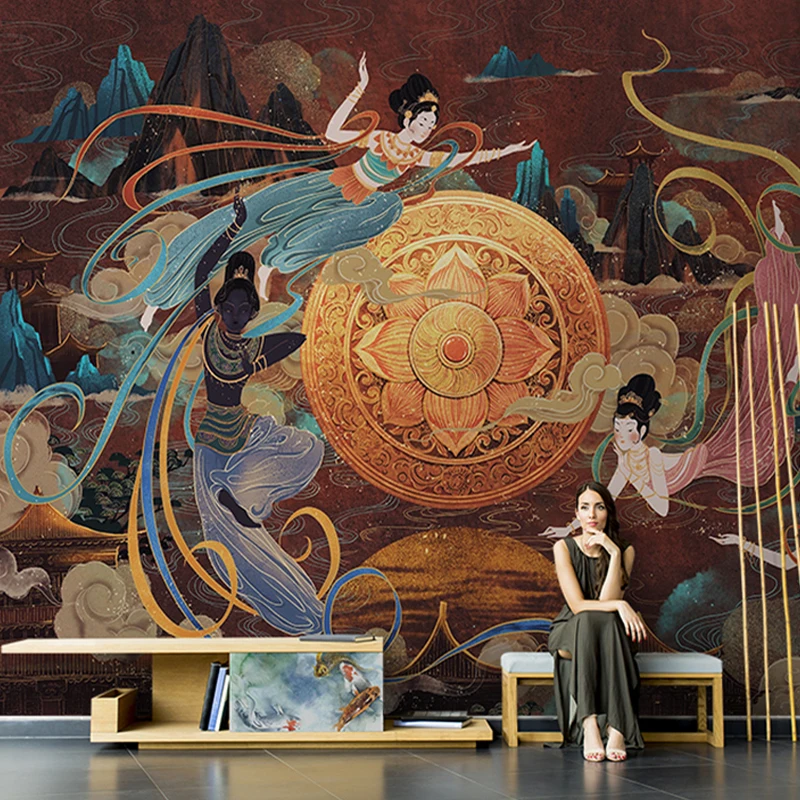 Beibehang Chinês Retro Abstrato Dunhuang Voando Personagem Papel de Parede Sala tv Fundo 3d Mural Cobrindo