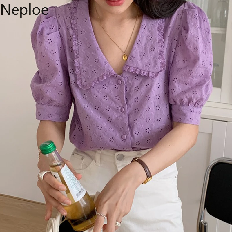 Женская ажурная блузка Neploe с цветами шикарная Корейская однобортная пышными