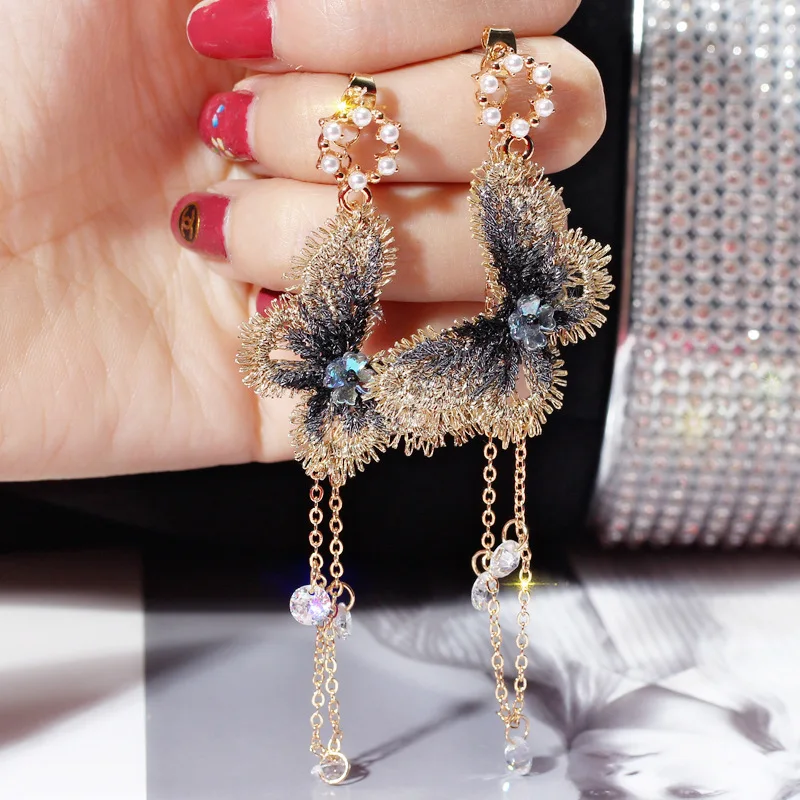 

2019 Trendy Yarn Handmade Butterfly Earrings Long Ear Line Simulated Pearl Rhinestone Pendientes Fashion Wings Earrings Jewelry