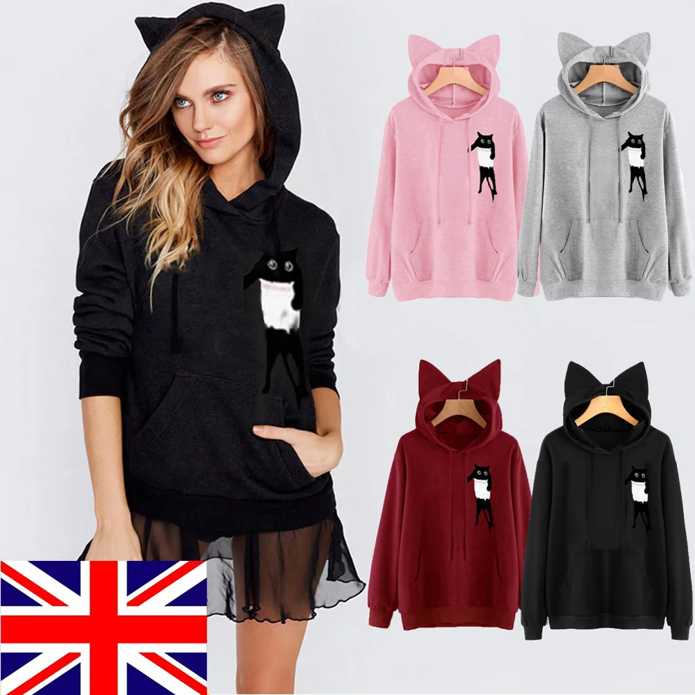 

New 2019 Autumn Womens Cute cartoon Cat ears Hoddies solid color cap Long Sleeve Hoodies Sweatshirt Hooded Crop Tops
