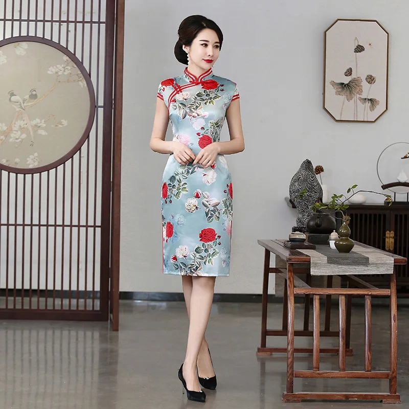 Сексуальное Тонкое традиционное китайское платье Vestidos винтажный китайский воротник Qipao женское атласное Ципао Cheongsam цветочный размер M-4XL