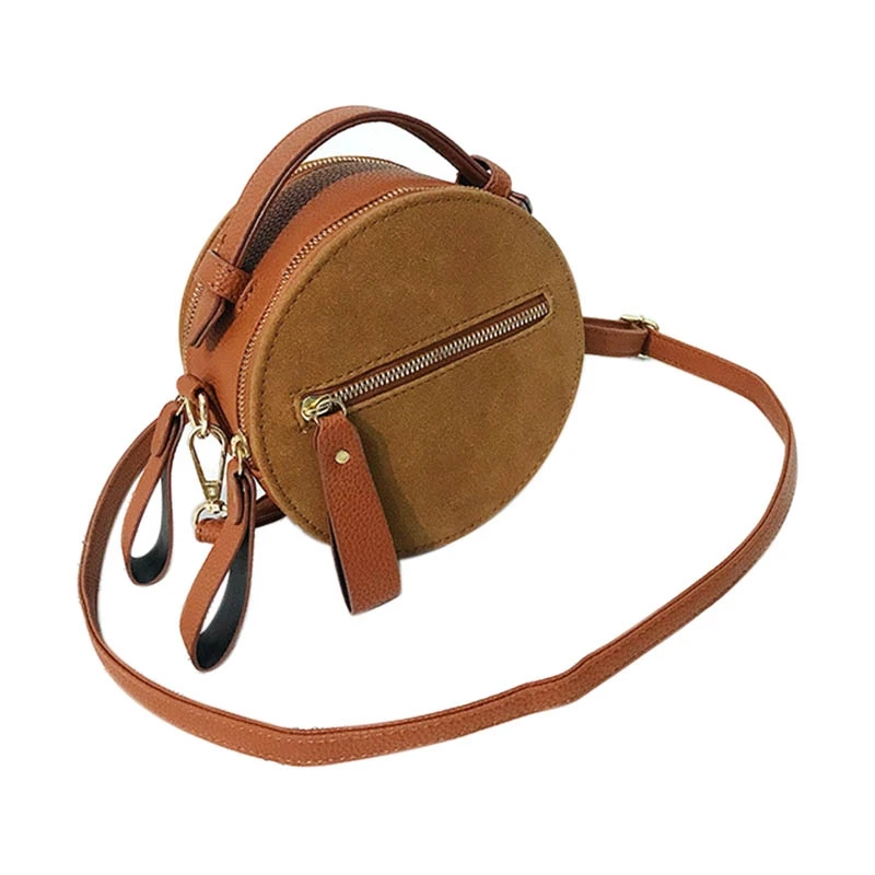 

Fashion Circular Scrub PU Leather Handbag Female Retro Small Round Shoulder Bag Women Circle Messenger Bag(Brown)