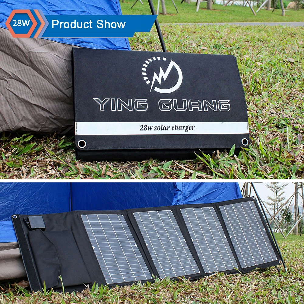 Carregador de Painel Solar para o Telefone Atualizado Portátil Solar Duplo Usb 5v 18v dc Acampamento Dobrável Painel Carga Power Bank 28w 21 14 - Image 3