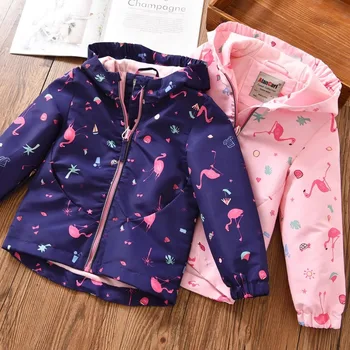 

BBD 2020 Spring Autumn New Girls Jacket Children 2-7year Hooded Flamingo Pattern Rainproof Coat Infants Windbreaker Kids Clothes