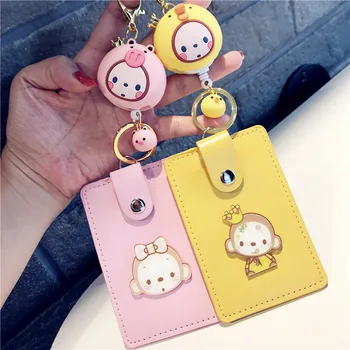 

Fashion Jewelry Cartoon cute little pig monkey stretch keyring PU Leather Couple Card Set Keychian Bus Card Bank Card Card Bag