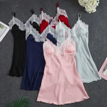 

FZSLCYIYI Sexy lace sling Nightgown ice silk V-neck Fashion solid Nightdress Nightwear for Women