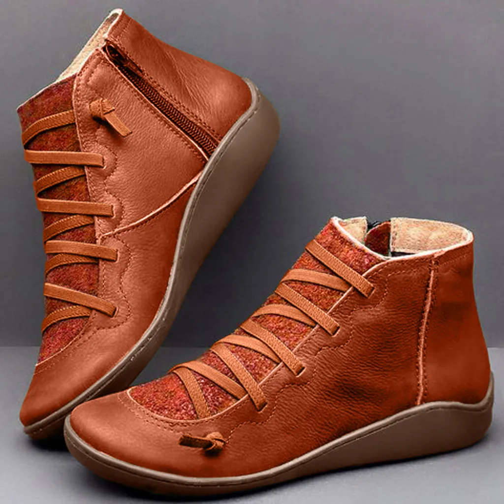 

Plus size 43 Women's lace ankle booties Leather Retro Lace-up Casual Flat Boots Side Zipper Round Toe Shoes green Street Style